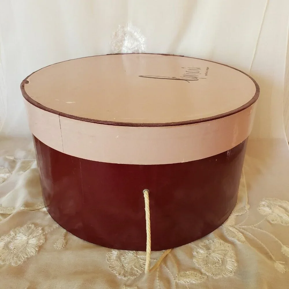 Vintage Hat Box Lipman's of Portland Large Round Pink Burgundy Cord Handle 50s
